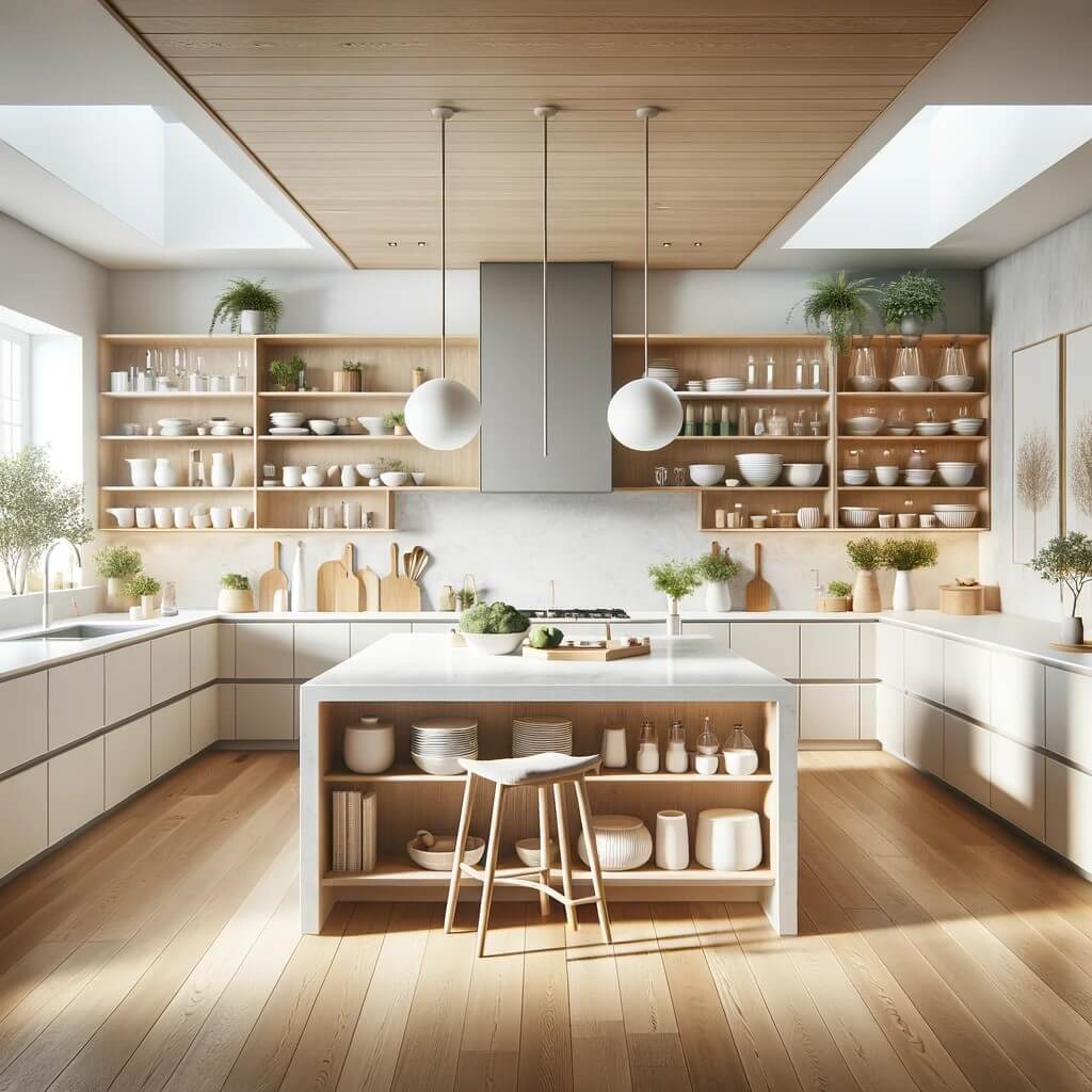 Modern Scandinavian kitchen design with open shelving and island, showcasing minimalist decor and wood accents for a spacious feel