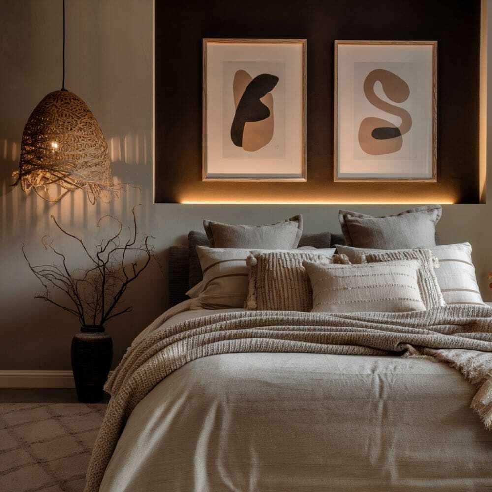 Cozy bedroom featuring an earthy accent wall, neutral bedding, and warm lighting.