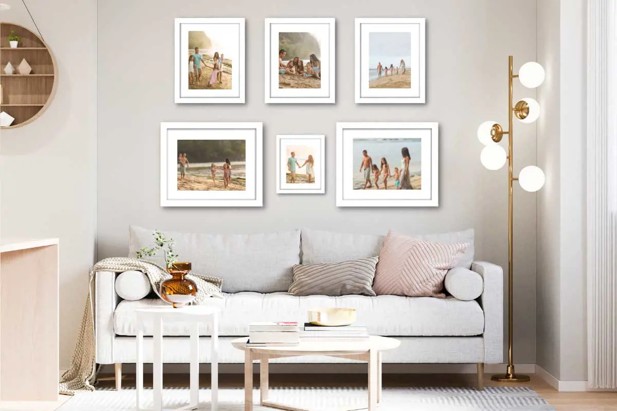 Neutral-toned living room with a personalized photo wall showcasing special moments.