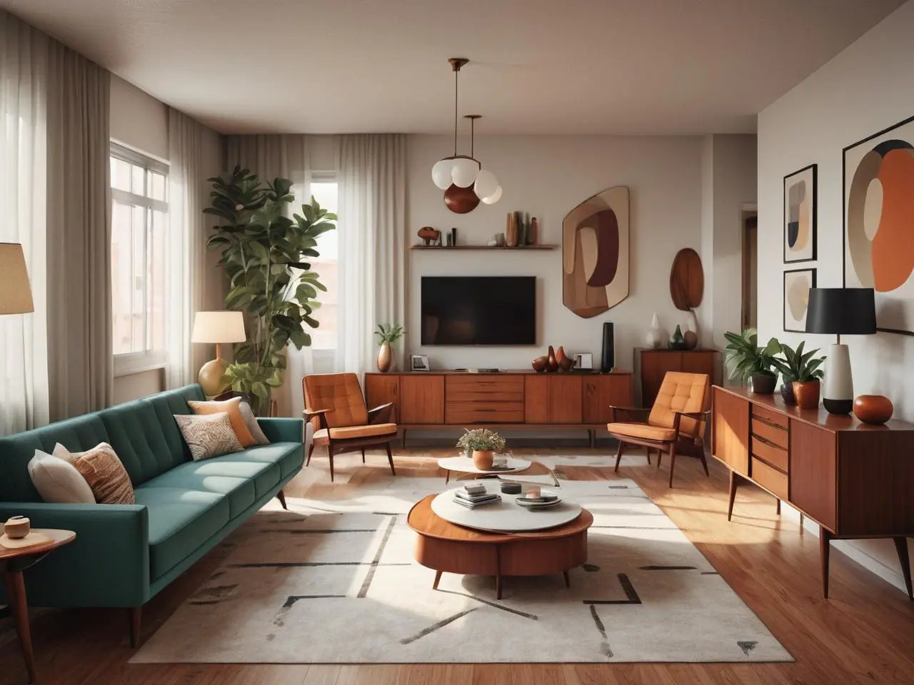 A mid-century style living room with colorful accents, wooden furniture, and a retro-inspired coffee table, bringing the warmth of vintage with contemporary touches.