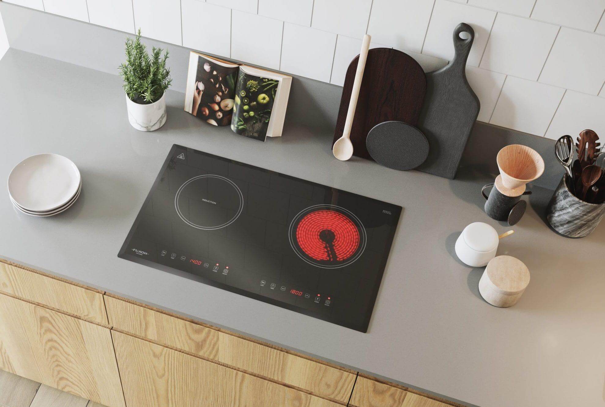 Sleek Fujioh Hybrid Hob with Induction & Ceramic Zones FH-IC6020 in a minimalist kitchen, embodying modern culinary efficiency and design