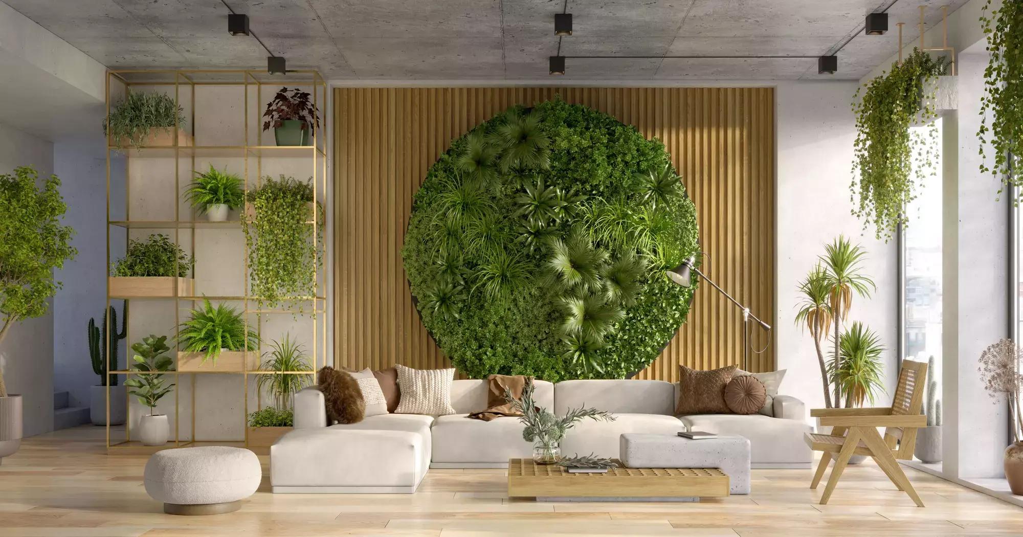 Modern interior showcasing a circular living wall and abundant greenery.