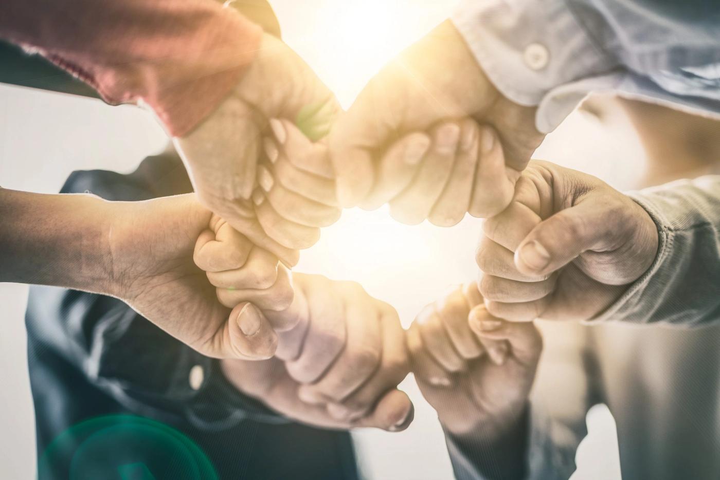 A group of young people hold strong hands.