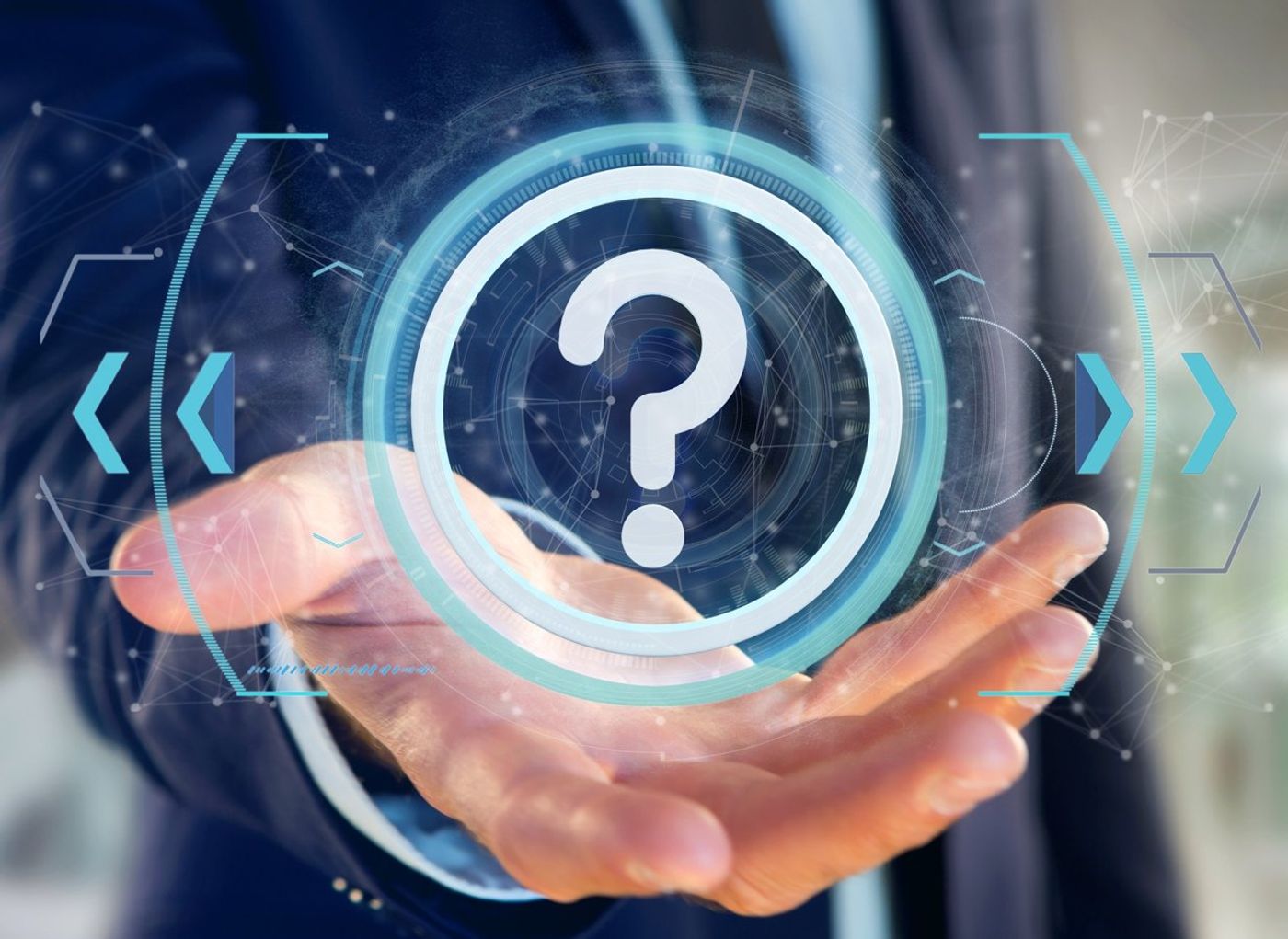 View of a Man holding a Technology question mark icon on a circle 3d rendering