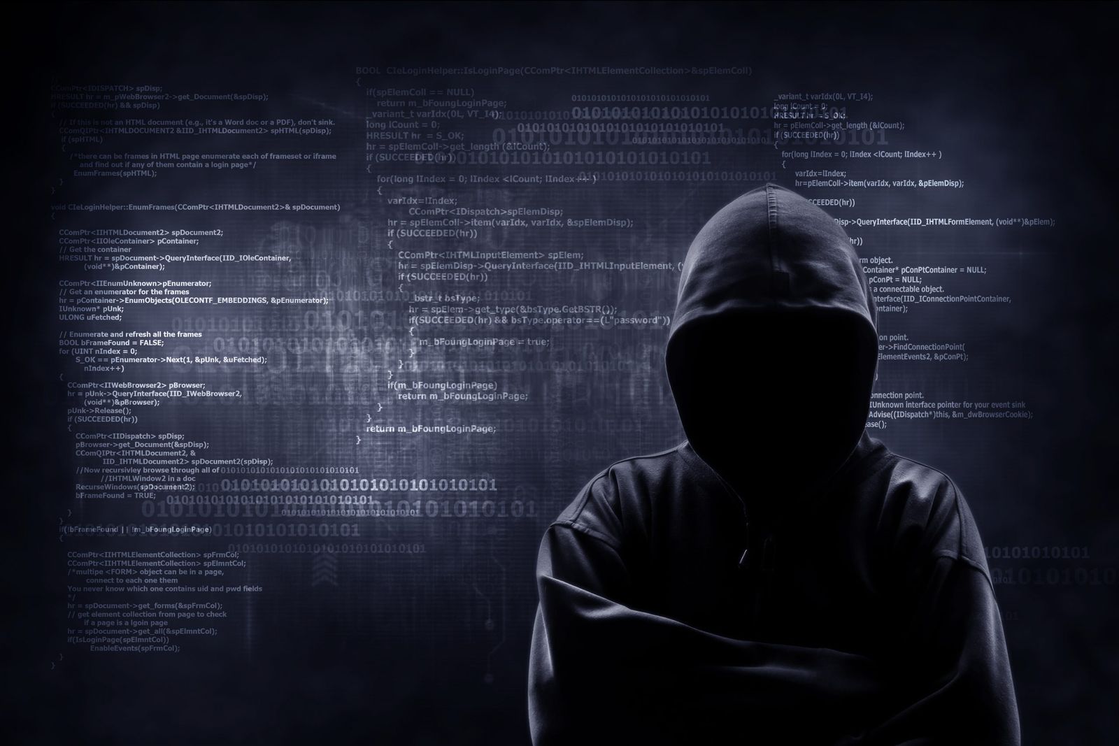 Internet crime concept. Hacker working on a code on dark digital background with digital interface around.