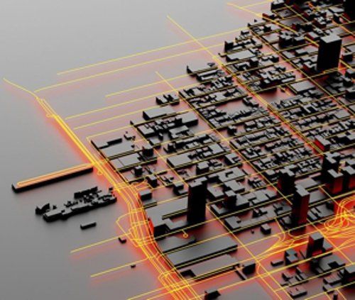 A dark 3D city grid with glowing orange lines tracing the streets between the buildings.