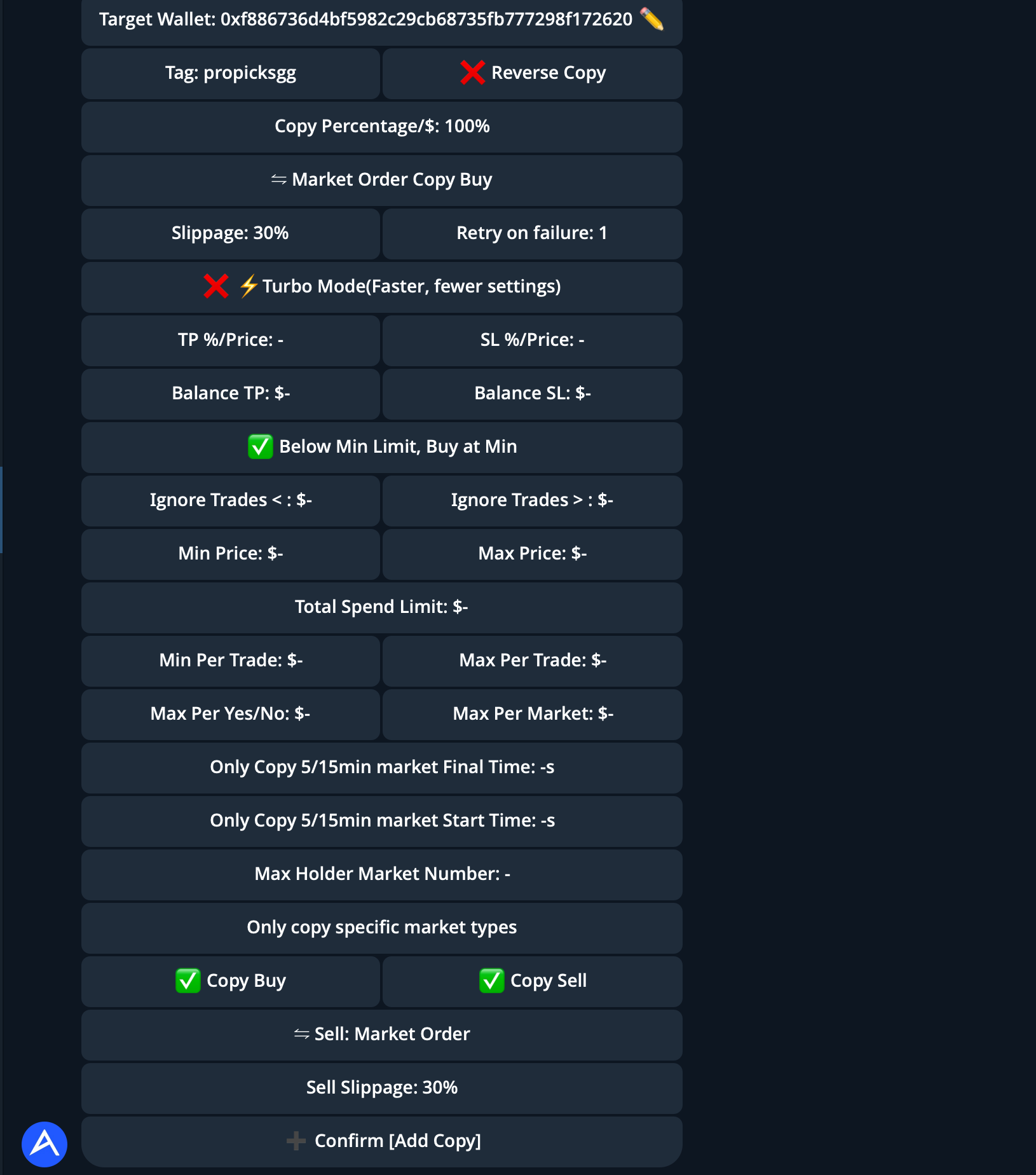 PolyCop copy trading settings
