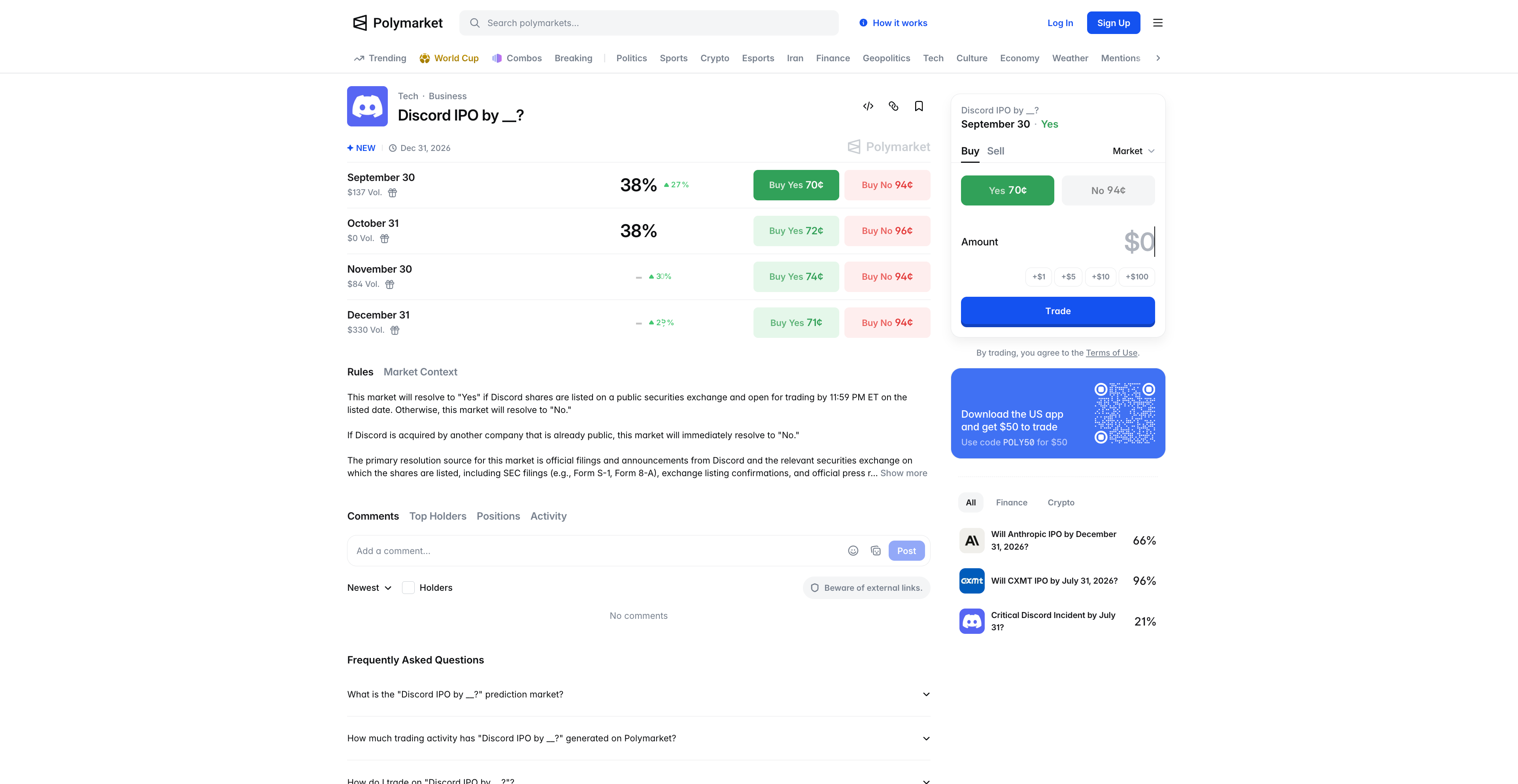 Polymarket Discord IPO市场页面，显示当前赔率