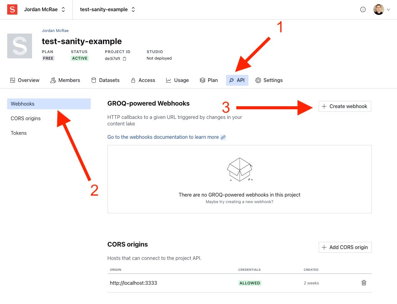 An example of the Sanity dashboard webhook settings menu