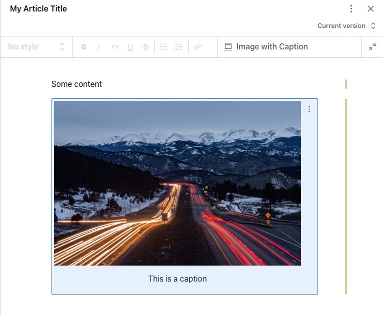 Inside of the content editor, we see our React component displaying the image and caption