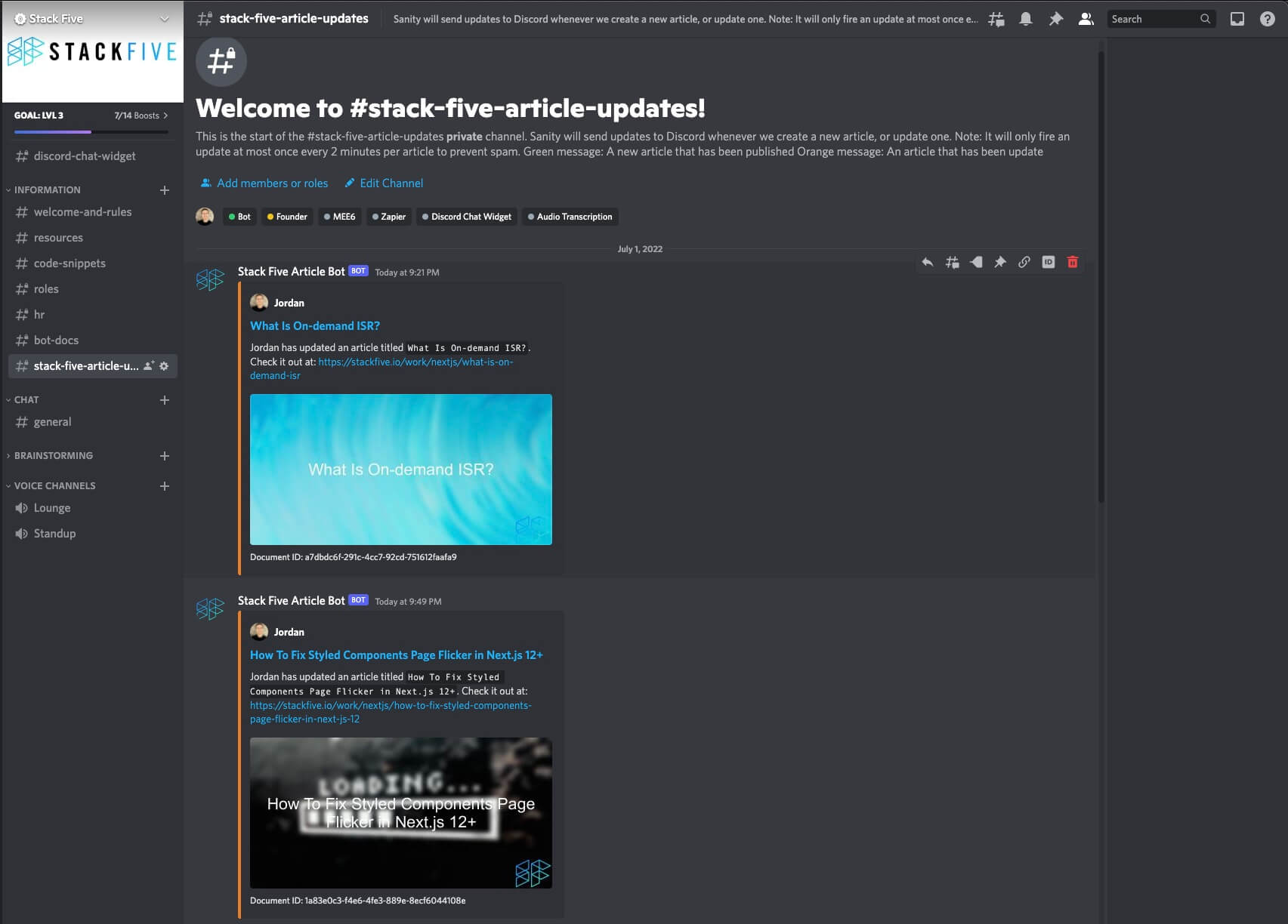 Our custom bot integration posting updates in our team's Discord server