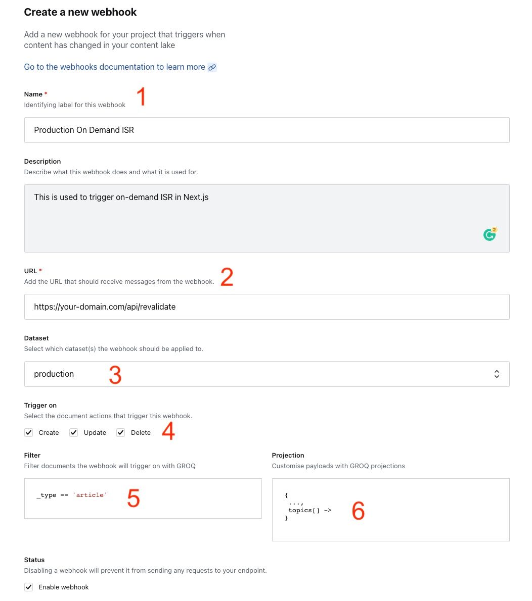 Sanity webhook configuration