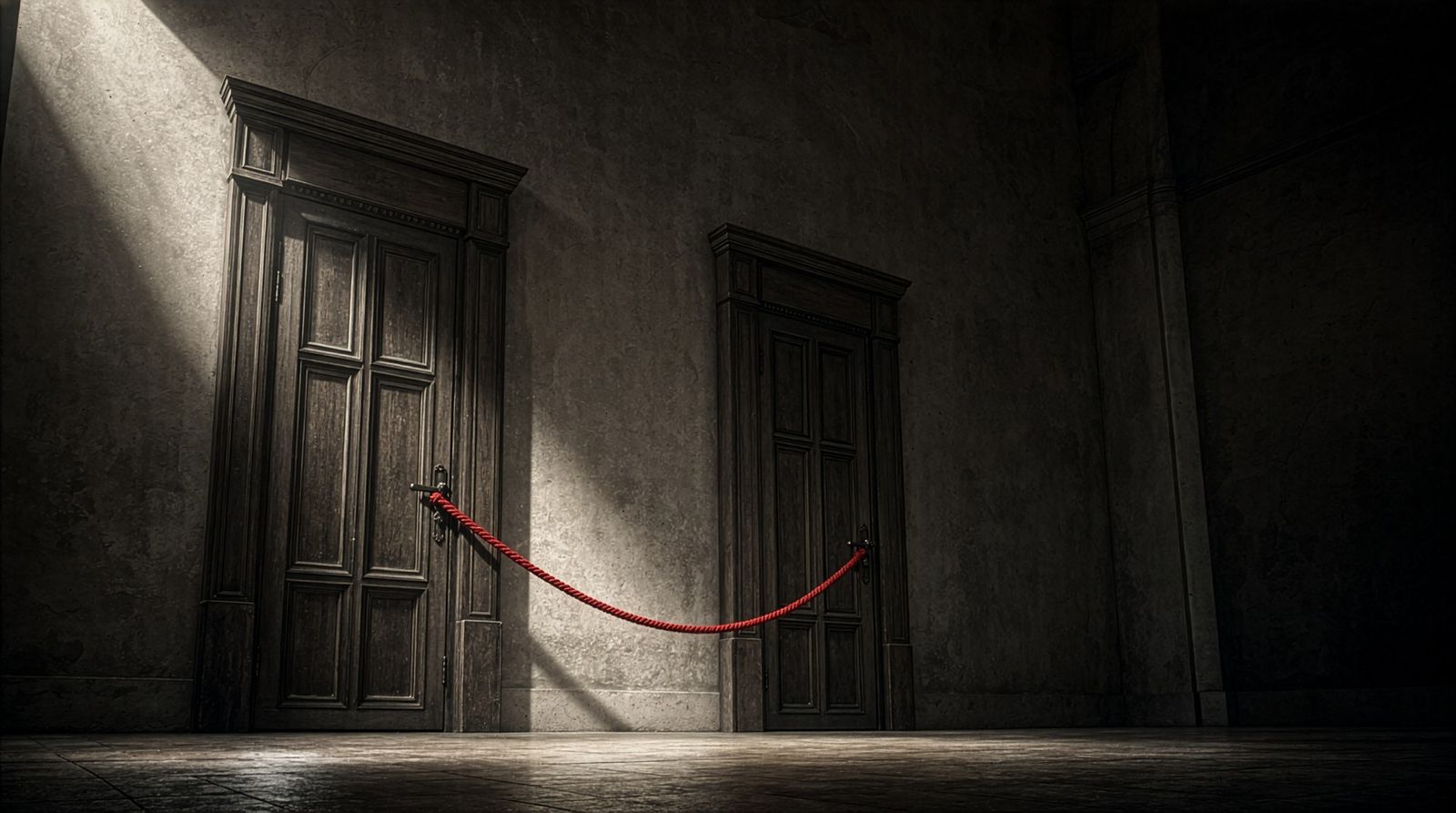 Two closed doors side by side, joined by a single red rope.