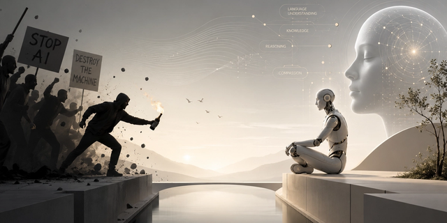 The dichotomy between human violence and AI abundance