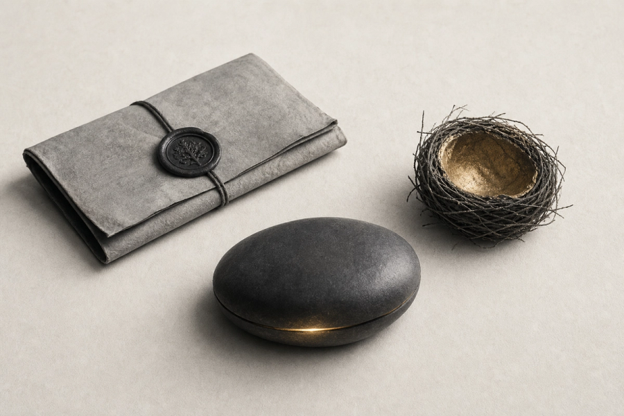 Three distinct charcoal objects on a pale ground — a sealed legal document, a smooth closed form with a faint inner glow, and a small fragile cupped hollow — arranged as a quiet study, with a single gold accent on the fragile form.