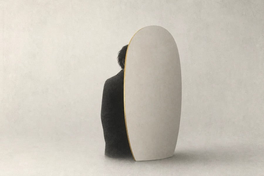 A charcoal human silhouette stands partly hidden behind a smooth, blank upright form held between the figure and the viewer, its edge catching a faint gold line.