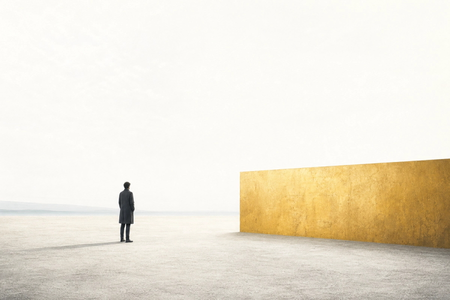 A lone figure stands on a pale open plain, facing a faint distant horizon on one side and a large, solid, sunlit gold wall close by on the other.