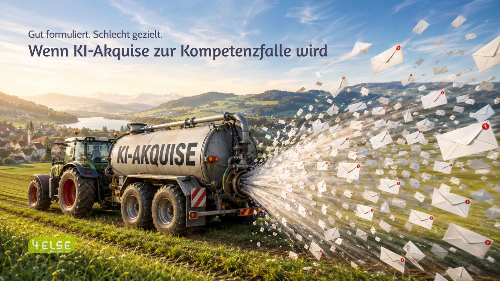 Ein Traktor mit einem Fass mit der Aufschrift «KI-Akquise» versprüht über einer Hügellandschaft unzählige E-Mails. Bildtext: Gut formuliert. Schlecht gezielt. Wenn KI-Akquise zur Kompetenzfalle wird