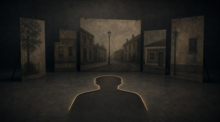 Flat painted scenery flats of a street scene stand propped upright in a dim charcoal space. On the floor before them is an empty outline in the shape of a standing figure, where a viewer would be.