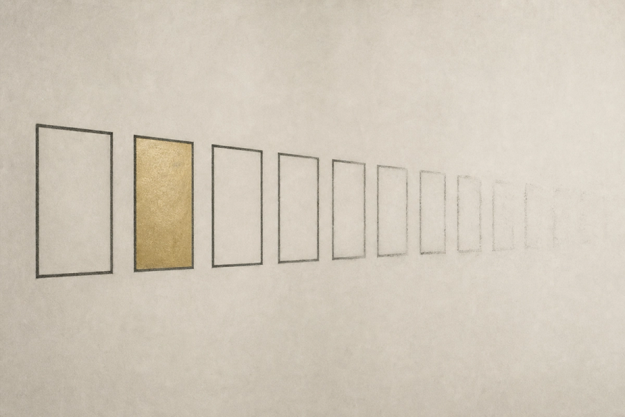 A row of thin charcoal frames on a pale ground, crisp on the left and dissolving into faint marks on the right, with one left-hand frame filled with gold.