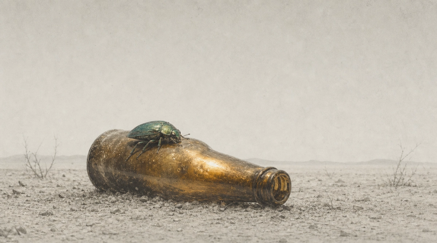 A male jewel beetle clings to the top of a discarded amber beer bottle lying on pale desert ground, its body mounted on the glass as though on a mate.