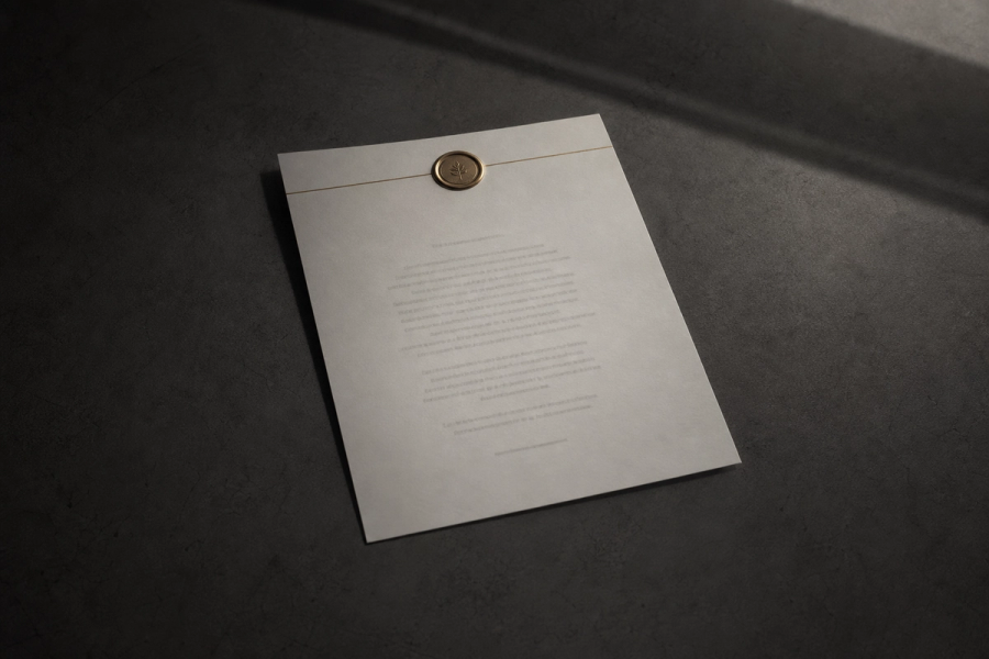A single formal printed document on a bare dark desk in soft light, its header catching a faint gold. A second shadow, cast by something outside the frame, falls across the page and does not match the document's own.