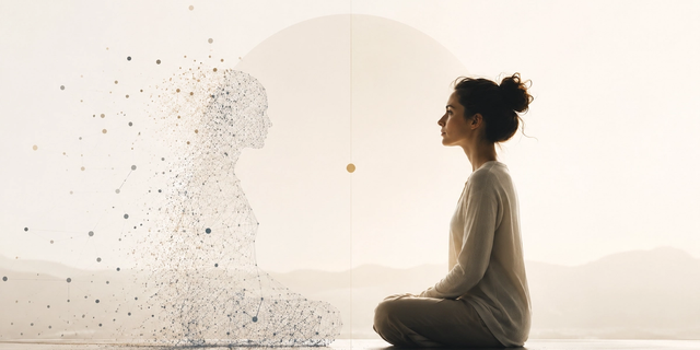 A human sits juxtaposed to a quantum collapsing AI.