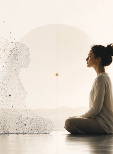 A human sits juxtaposed to a quantum collapsing AI.