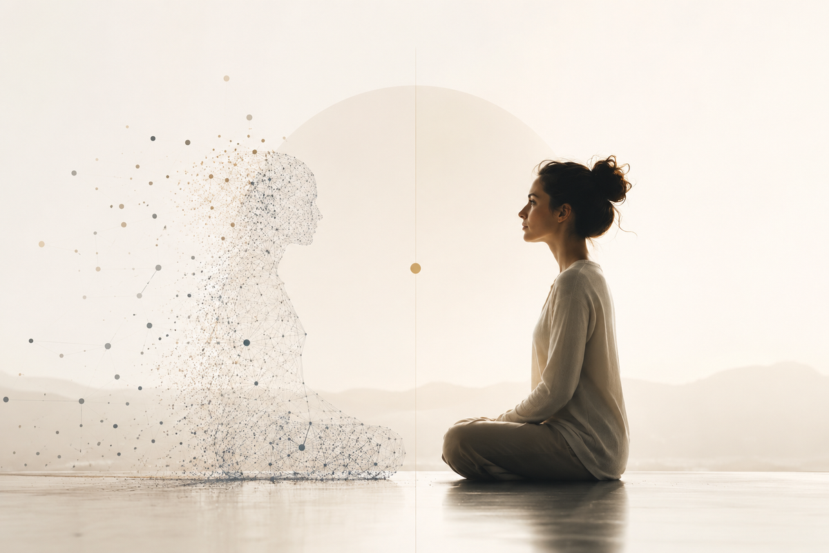 A human sits juxtaposed to a quantum collapsing AI.