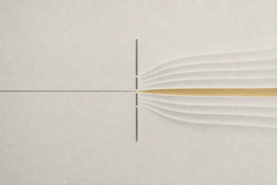 A single charcoal line passes through a barrier with two narrow gaps and spreads into evenly spaced soft bands on a pale ground, with one central band in gold.