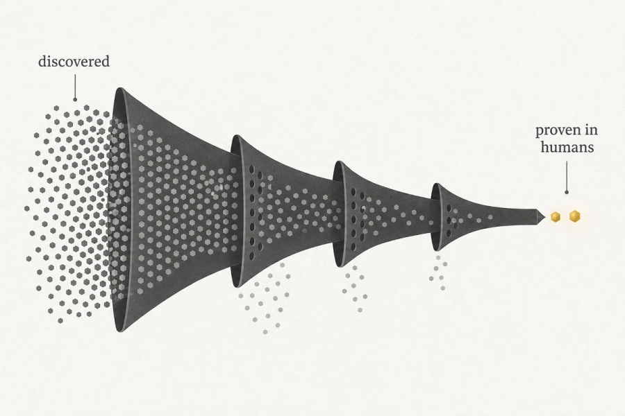 A wide funnel of many small marks narrows through successive gates; at each stage most fall away, until only two or three reach the far end, marked "proven in humans.