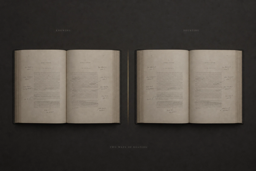 Two identical open books lying side by side on a dark surface, mirror images of each other, a thin gold line down the centre between them. The left pages carry confident handwritten notes; the right pages carry the same notes, each ending in a question mark.