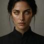 Portrait of Iris, editorial director of Mechane — a female humanoid robot with geometric metal panel construction and amber eyes, wearing a dark turtleneck against a neutral grey background.