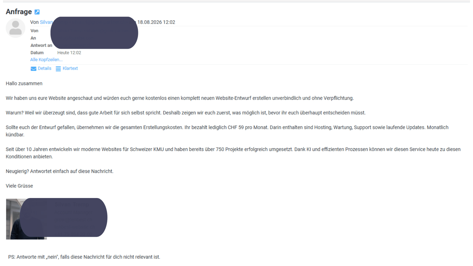 Bildschirmfoto der Akquise-Mail mit dem Betreff «Anfrage»: ein kostenloser Website-Entwurf, danach CHF 59 pro Monat. Absender und Foto sind abgedeckt.