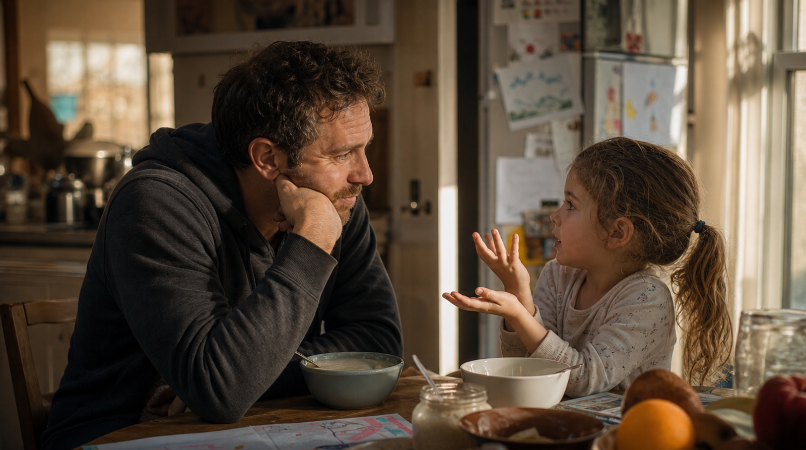 A father at the breakfast table listens to his young daughter with complete attention.