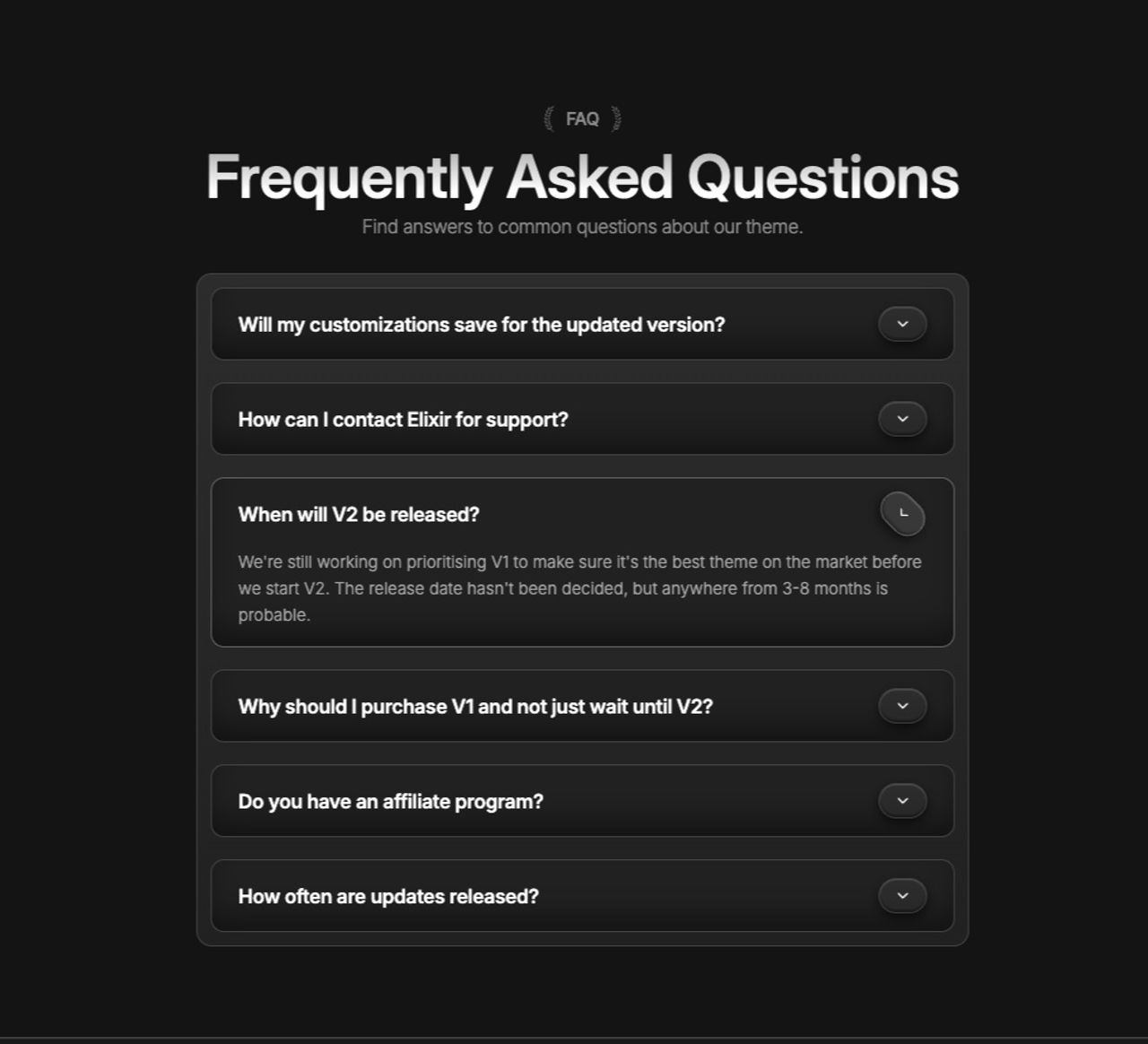 Elixir FAQ with “When will V2 be released?” open: the release date has not been decided, anywhere from 3 to 8 months is probable