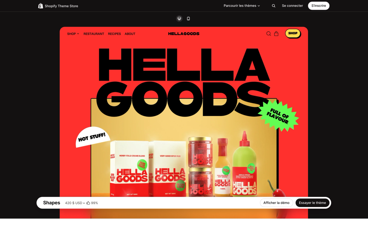 Page du thème Shapes sur le Shopify Theme Store, avec un aperçu sur ordinateur de sa boutique de démonstration