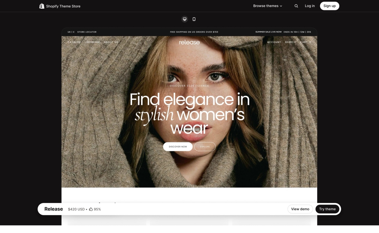 Release theme page on the Shopify Theme Store, with a desktop preview of its demo store