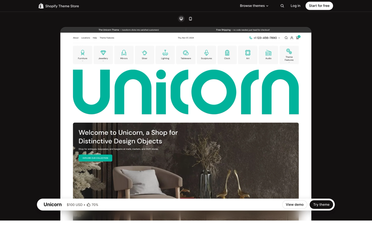 Unicorn theme page on the Shopify Theme Store, with a desktop preview of its demo store