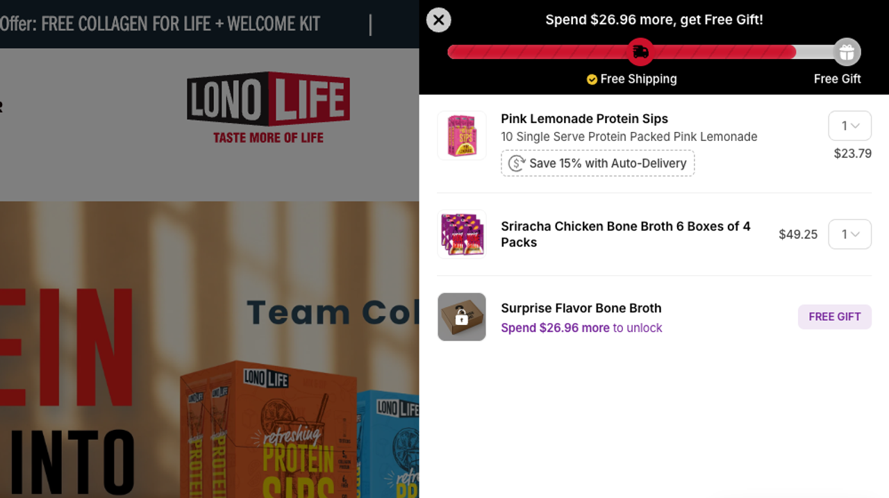 LonoLife cart drawer with a progress bar reading "Spend $26.96 more, get Free Gift!", free shipping already unlocked, two products and a locked free gift line: Surprise Flavor Bone Broth