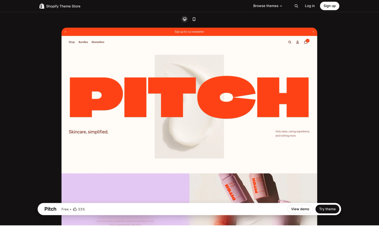 Pitch theme page on the Shopify Theme Store, with a desktop preview of its demo store