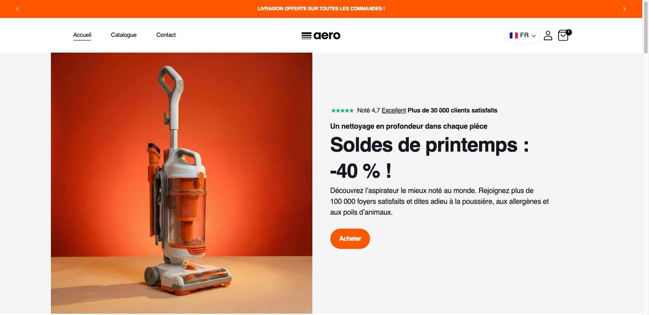 Boutique de démo Elixir « aero » qui vend un aspirateur : bandeau « Livraison offerte sur toutes les commandes ! », ligne de notes, titre « Soldes de printemps : -40 % ! » et bouton orange « Acheter »