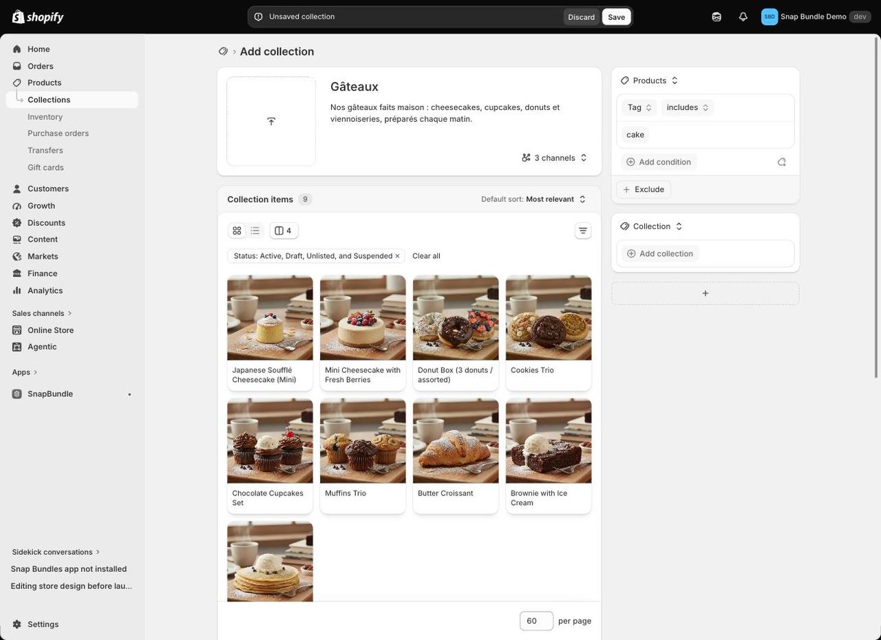 Collection Shopify avec deux sources : des produits filtrés par tag et une source de type Collection
