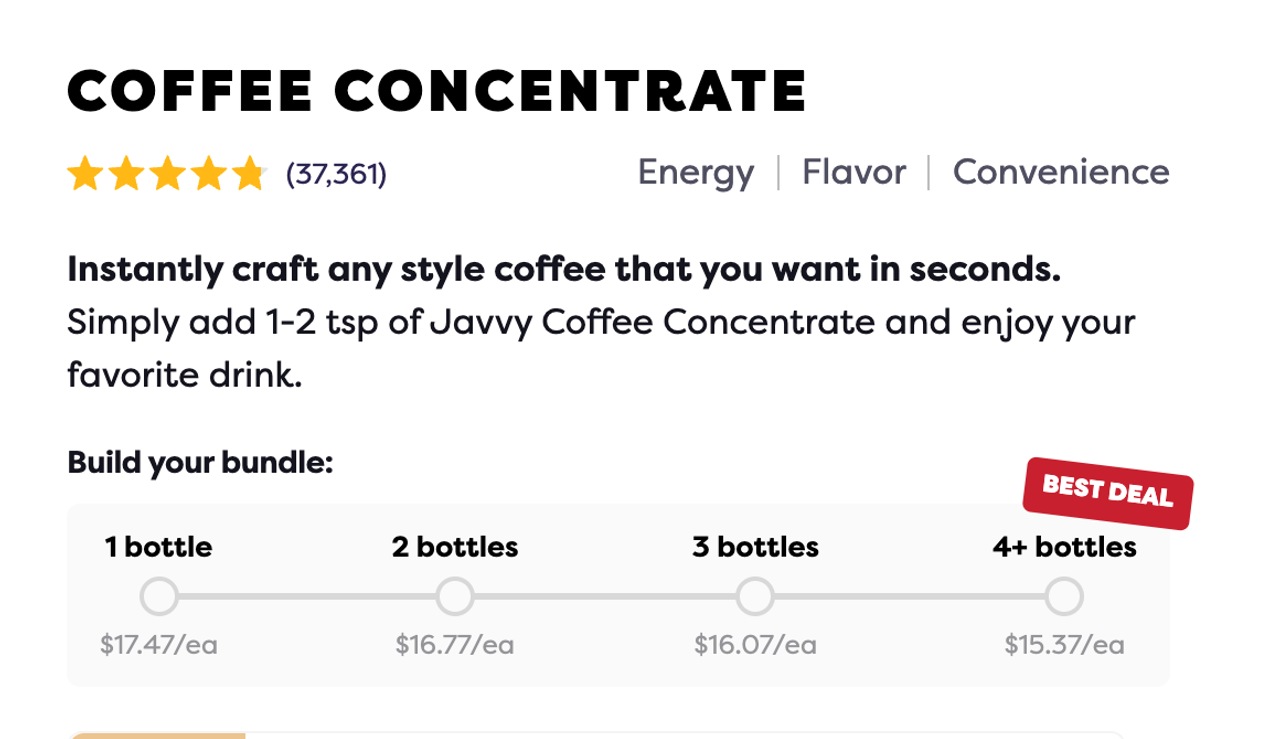 Javvy Coffee Concentrate product page with a bundle selector: 1 bottle $17.47 each, 2 bottles $16.77, 3 bottles $16.07, 4+ bottles $15.37