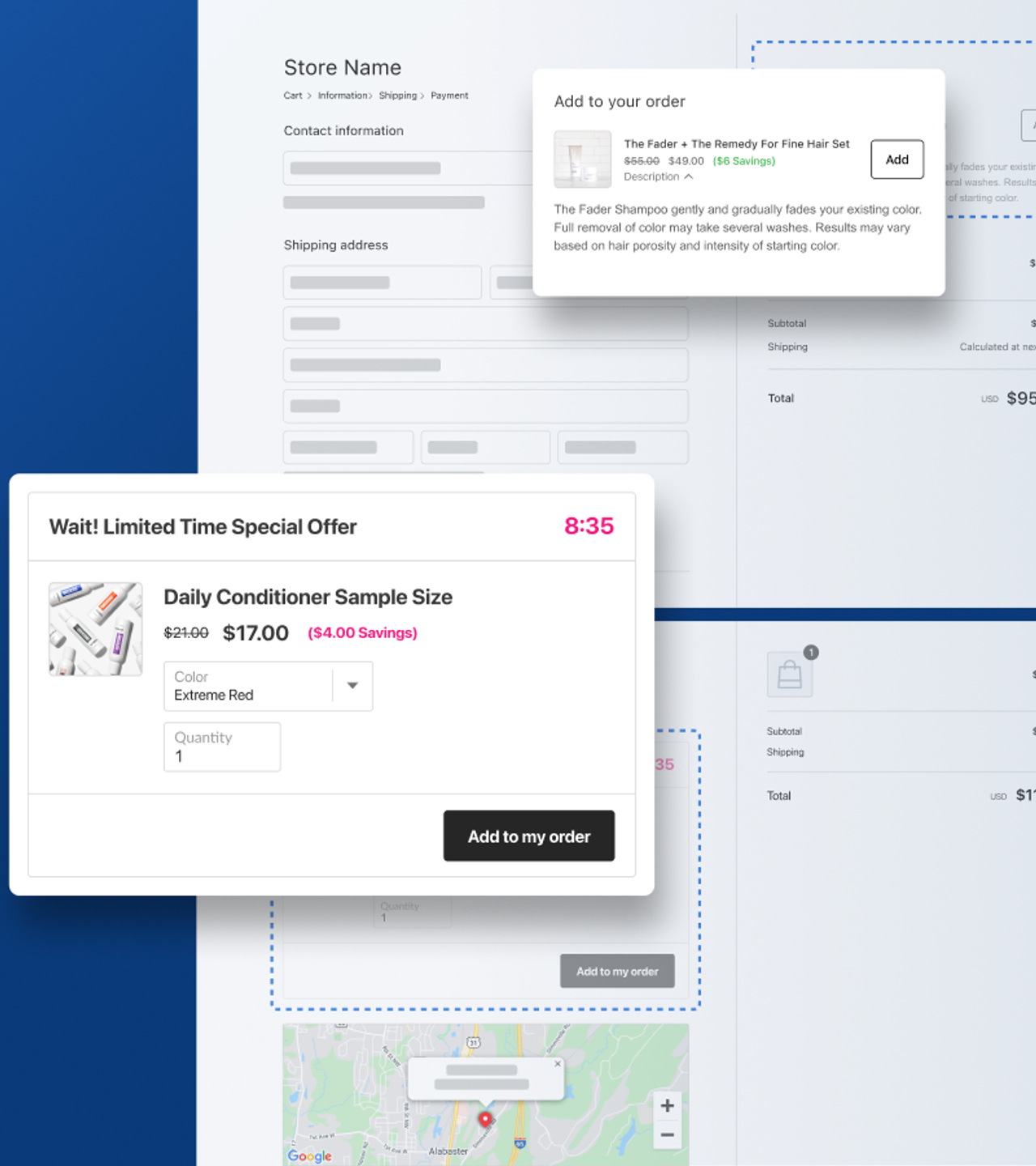 Offres Zipify OneClickUpsell dans le checkout Shopify et sur la page de remerciement : un produit « Add to your order » à côté du formulaire de paiement et une offre limitée dans le temps pour un après-shampooing