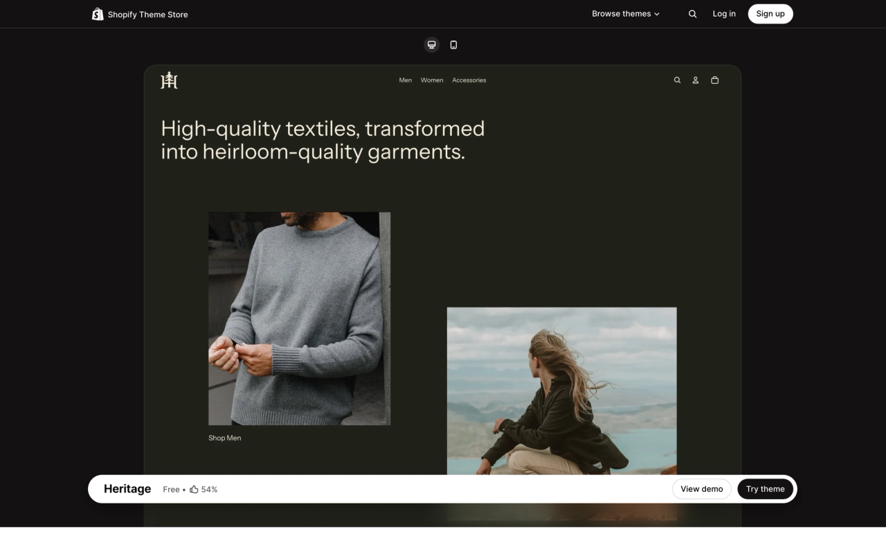 Heritage theme page on the Shopify Theme Store, with a desktop preview of its demo store