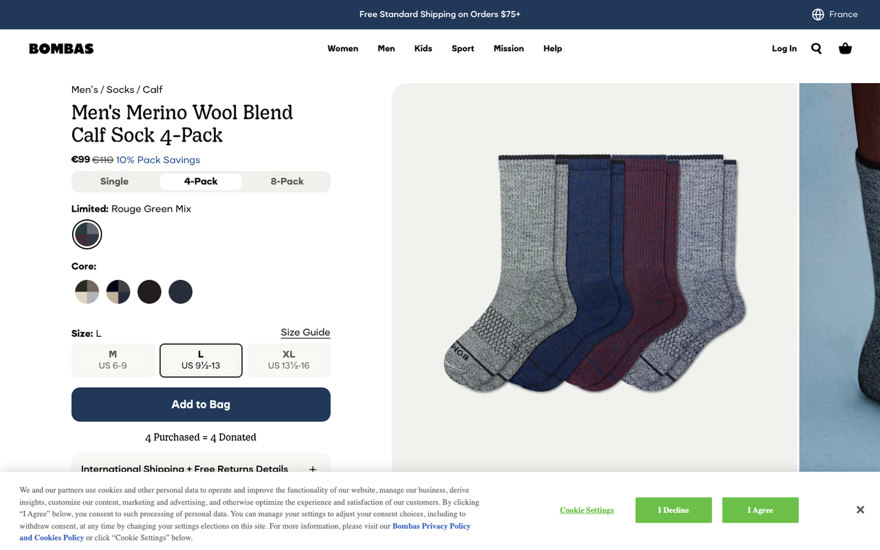 Page produit Bombas d’un lot de 4 paires de chaussettes en laine mérinos, avec un sélecteur Single / 4-Pack / 8-Pack et un prix « 10% Pack Savings » de 99 € au lieu de 110 € à côté du bouton Add to Bag