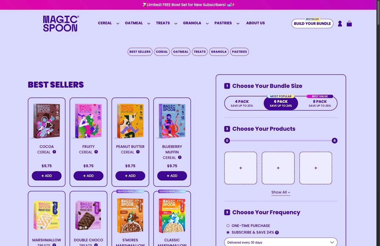Page « Build Your Bundle » de Magic Spoon : pack de 4, 6 ou 8 (jusqu’à -20 %, -24 % ou -26 %), six cases vides suivies par une barre de progression de 0 à 6, et l’abonnement à -24 % présélectionné (magicspoon.com, octobre 2026)