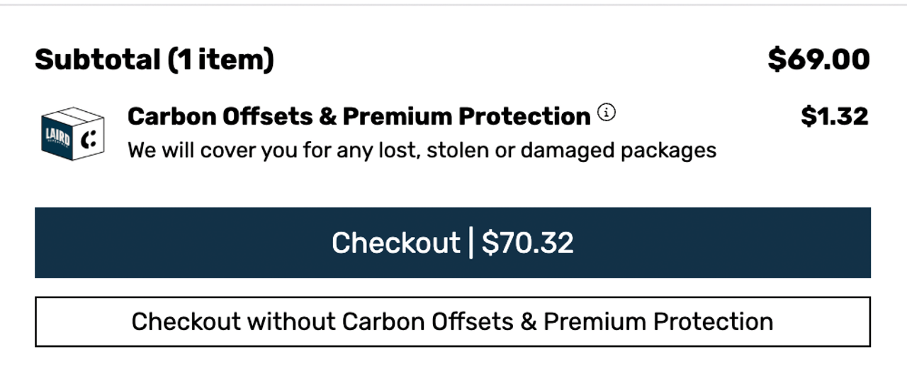Bottom of the Laird Superfood cart drawer showing a Carbon Offsets & Premium Protection add-on for .32 above the checkout button