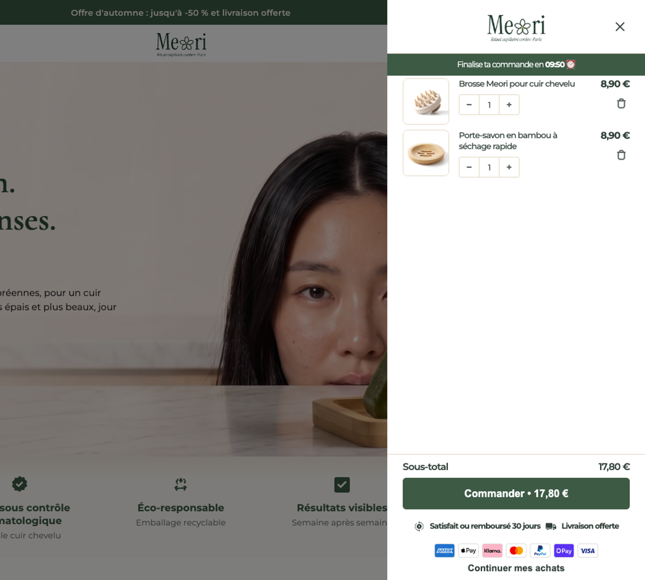 Meori cart drawer with two products, an order button for €17.80, a 30-day money-back guarantee, free delivery and eight payment logos including Apple Pay, Klarna, PayPal and Shop Pay